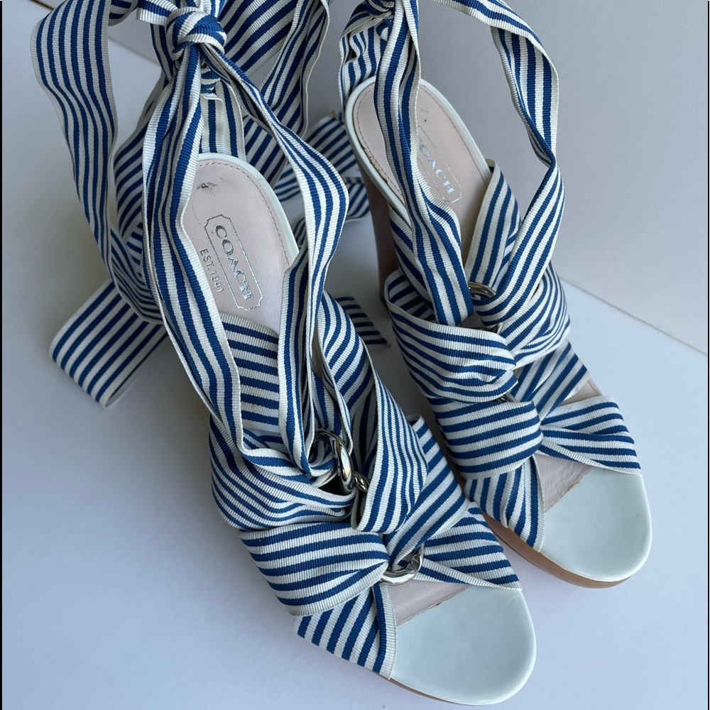 Coach Wood Espadrilles with blue and white ribbon